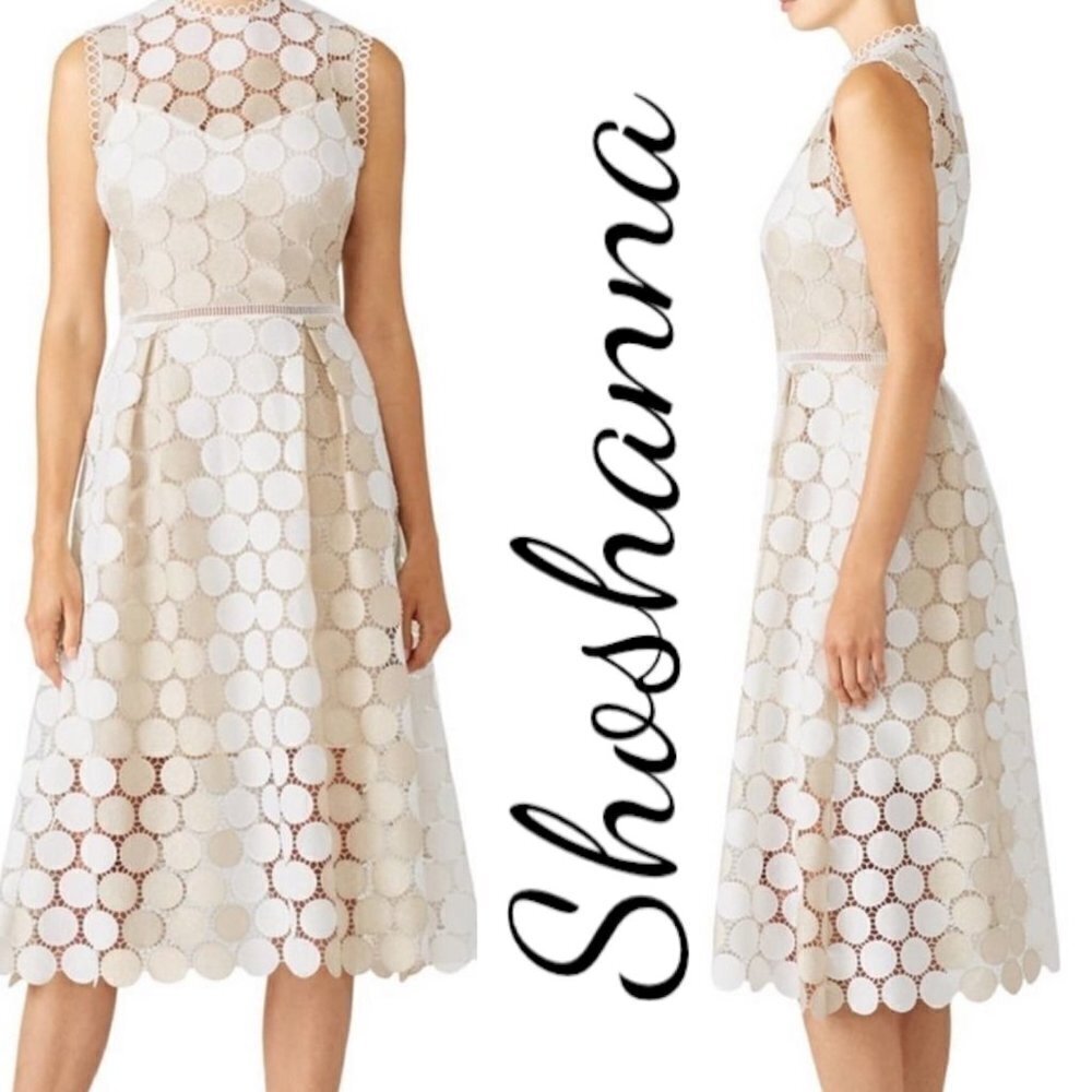 SHOSHANNA Glengarry Sleeveless Midi Cocktail Dress Ivory & Metallic Gold, Size 0
